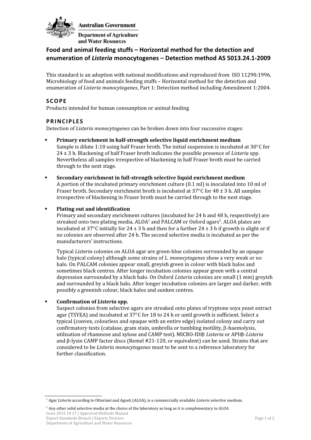 Food and Animal Feeding Stuffs Horizontal Method for the Detection and Enumeration of Listeria