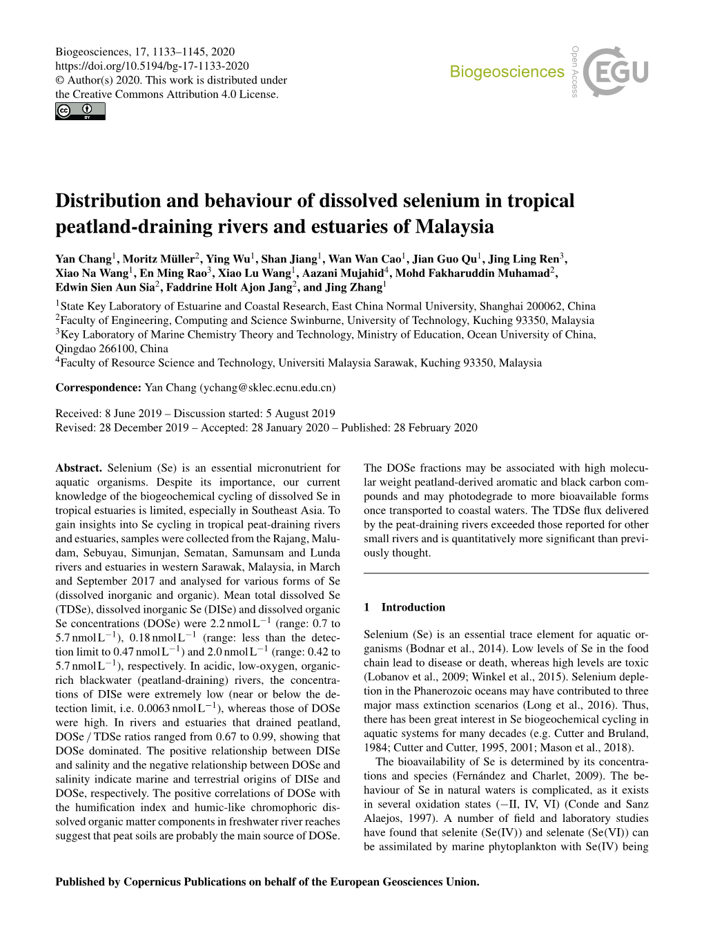 Distribution and Behaviour of Dissolved Selenium in Tropical Peatland-Draining Rivers and Estuaries of Malaysia