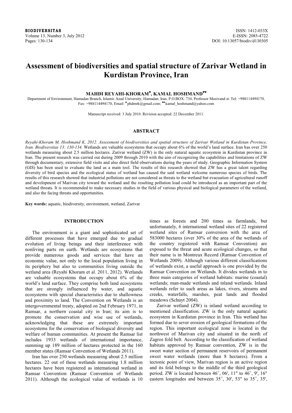 Assessment of Biodiversities and Spatial Structure of Zarivar Wetland in Kurdistan Province, Iran