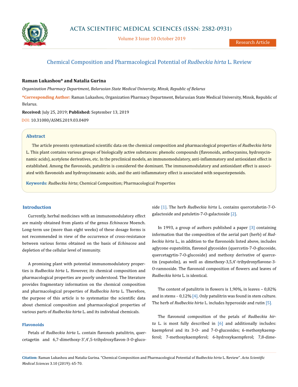 Chemical Composition and Pharmacological Potential of Rudbeckia Hirta L