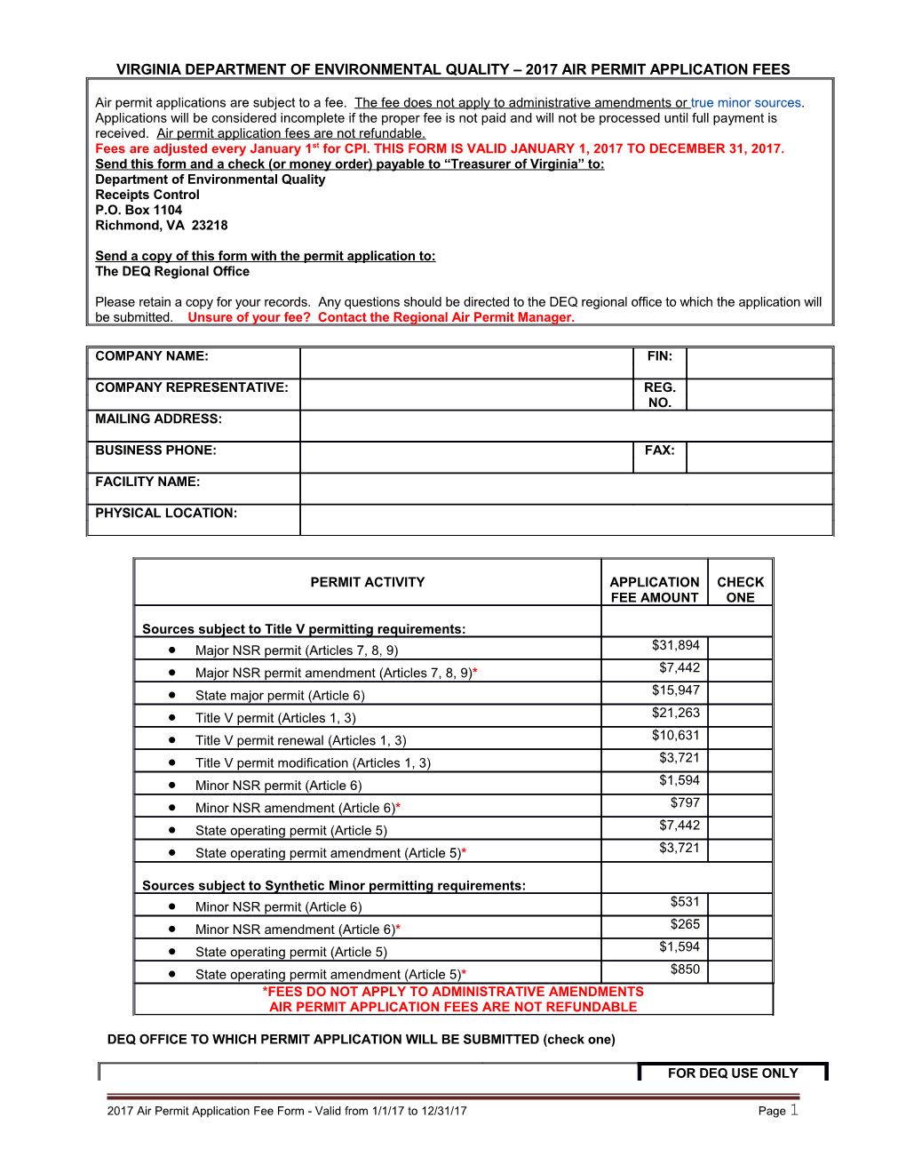 Air Permit Application Fee Form