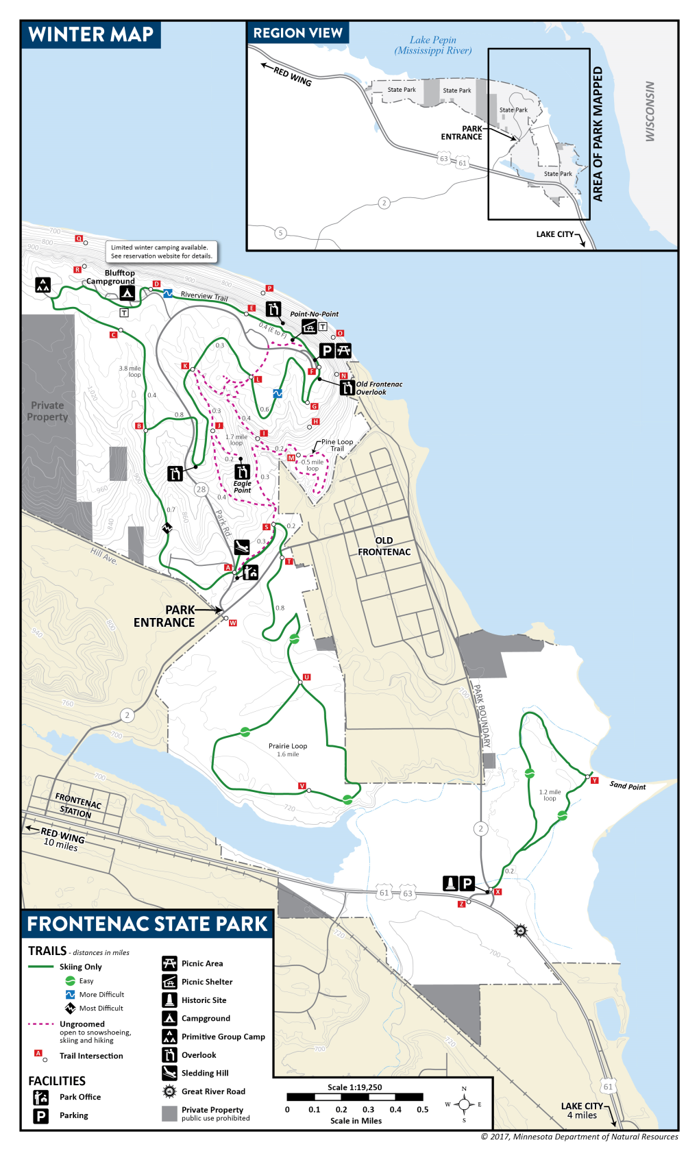 Map of Frontenac State Park, Including Winter Trails and Facilities