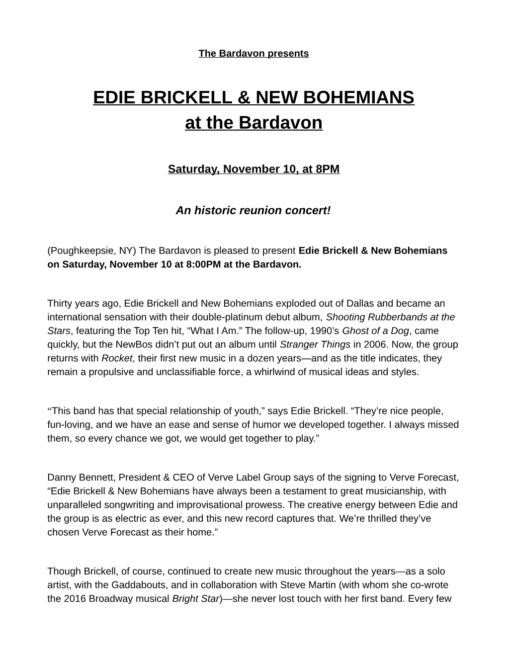 EDIE BRICKELL & NEW BOHEMIANS at the Bardavon