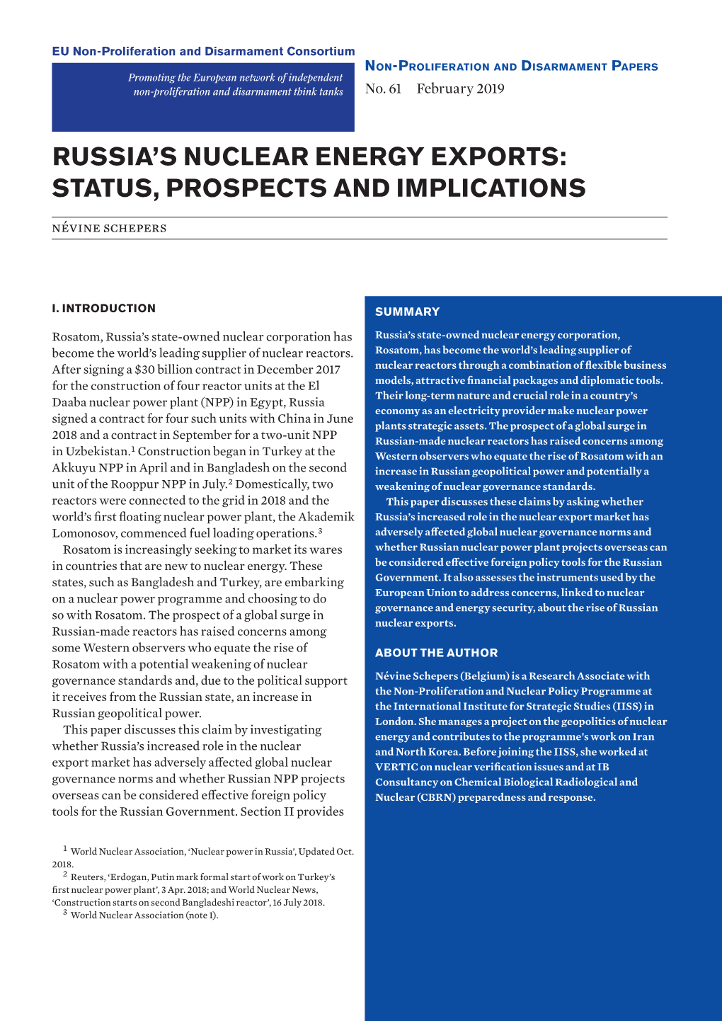 Russia's Nuclear Energy Exports: Status, Prospects and Implications