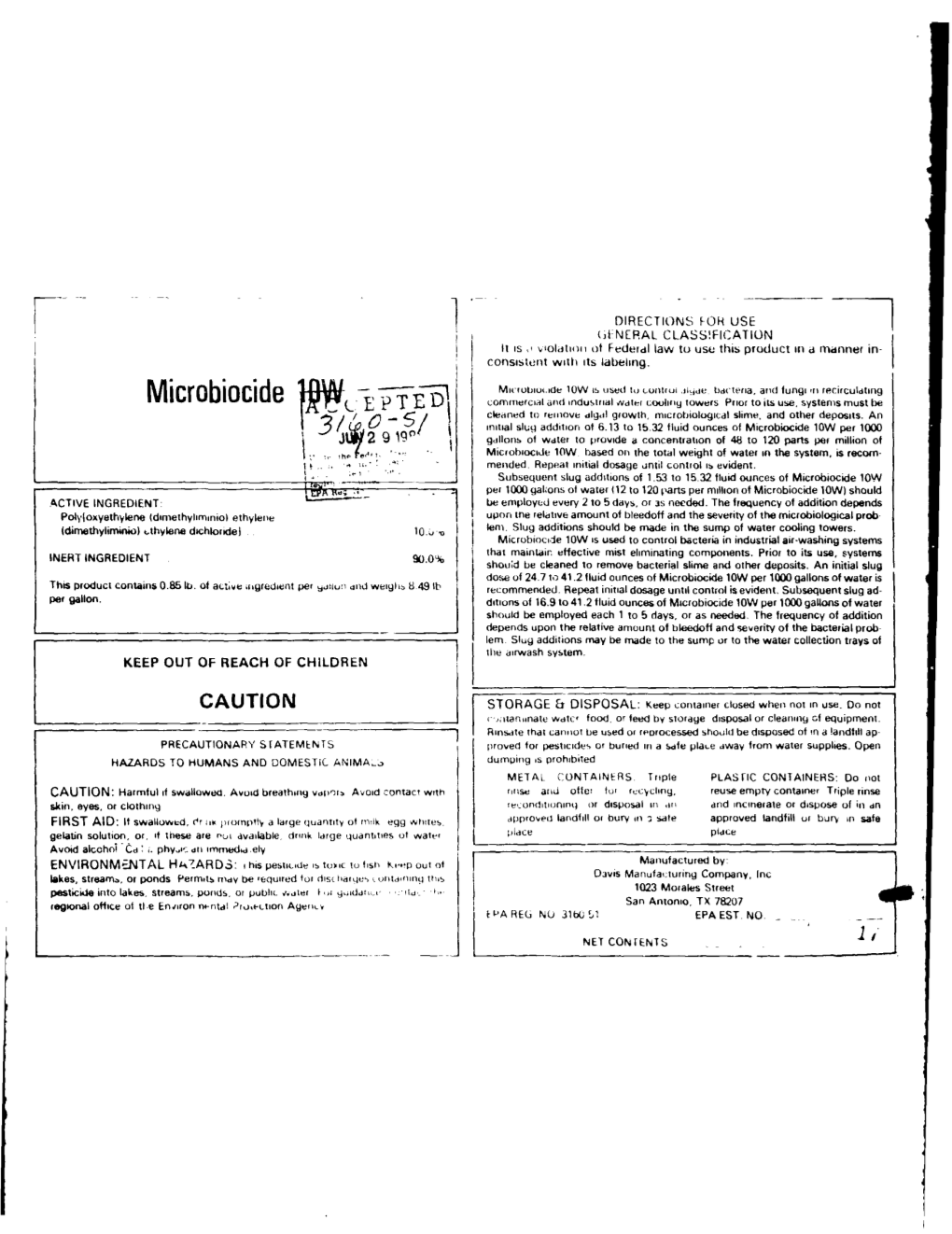 U.S. EPA, Pesticide Product Label, MICROBIOCIDE 10W, 06/29/1981