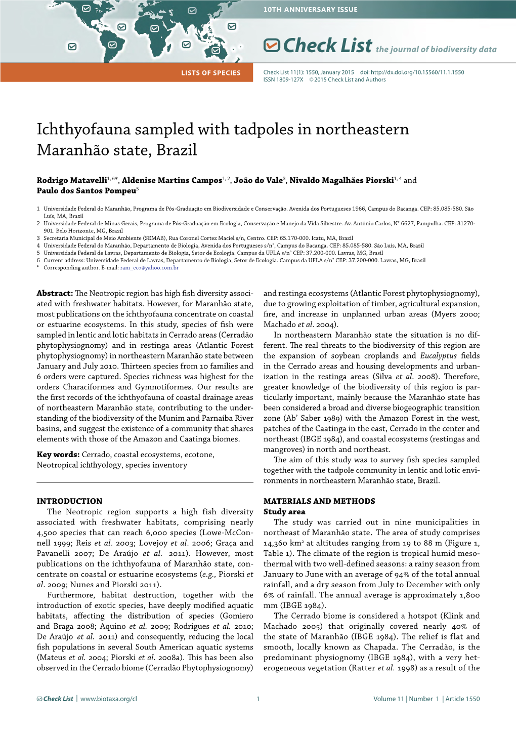 Ichthyofauna Sampled with Tadpoles in Northeastern Maranhão State, Brazil