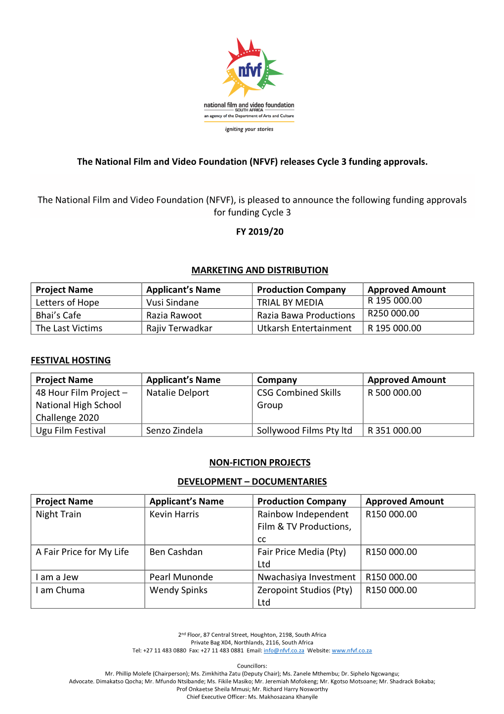 The National Film and Video Foundation (NFVF) Releases Cycle 3 Funding Approvals. the National Film and Video Foundation (NFVF)