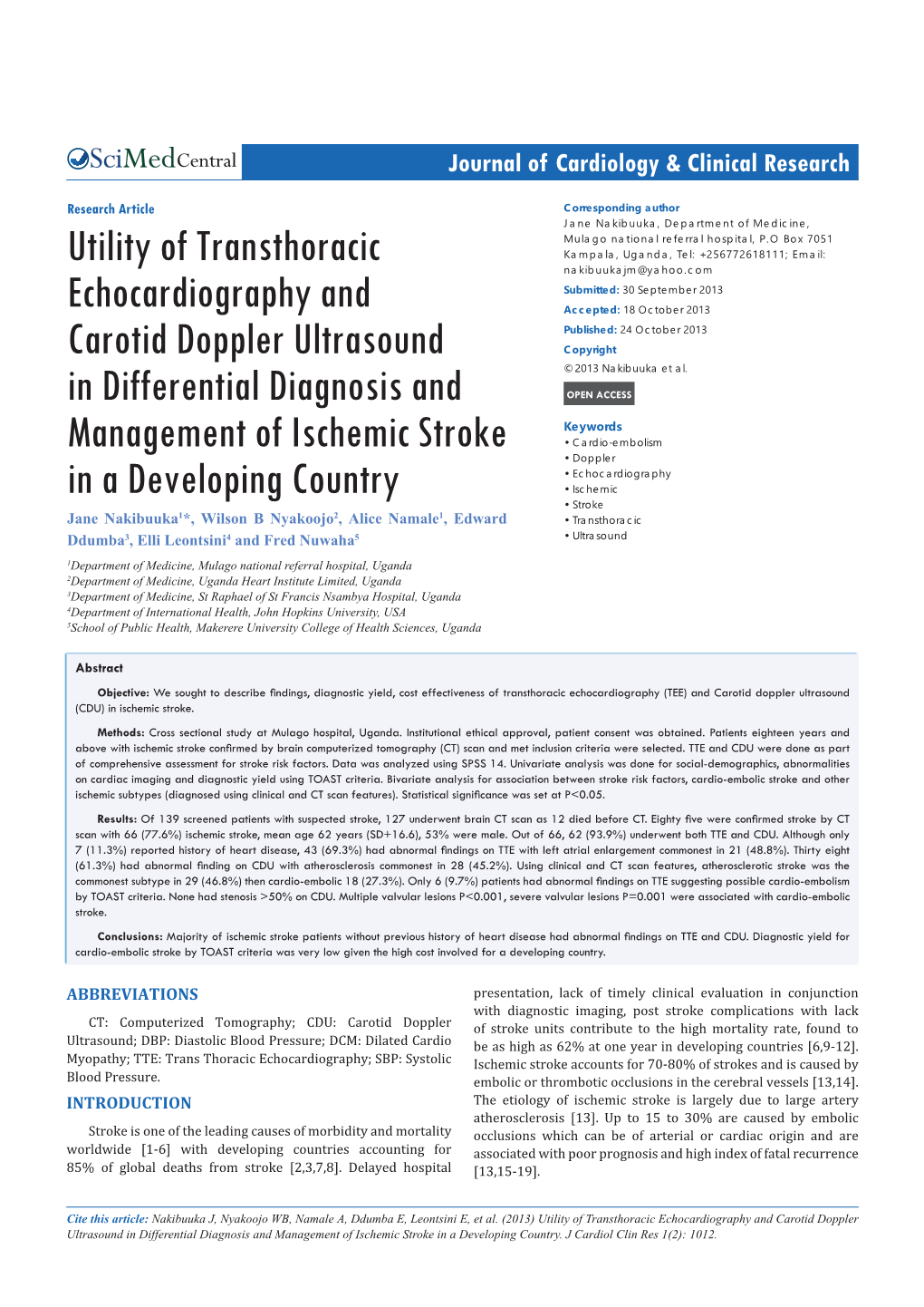 Utility of Transthoracic Echocardiography and Carotid Doppler Ultrasound in Differential Diagnosis and Management of Ischemic Stroke in a Developing Country