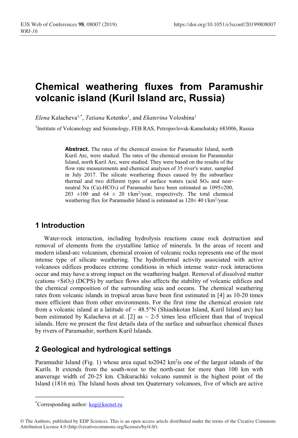 Chemical Weathering Fluxes from Paramushir Volcanic Island (Kuril Island Arc, Russia)