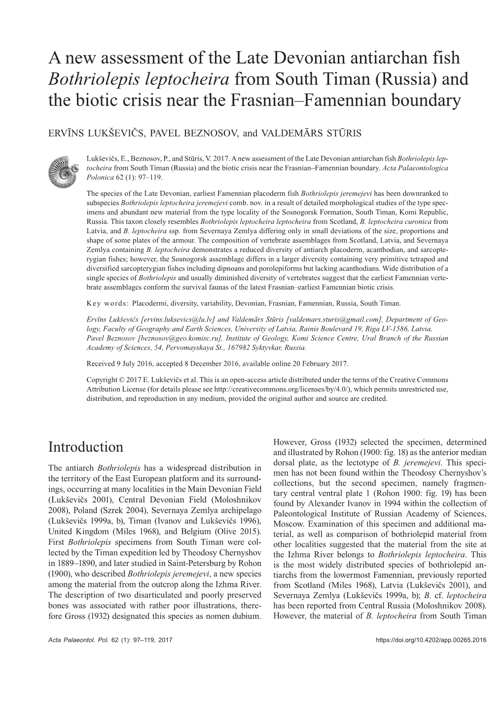 A New Assessment of the Late Devonian Antiarchan Fish Bothriolepis Leptocheira from South Timan (Russia) and the Biotic Crisis Near the Frasnian–Famennian Boundary