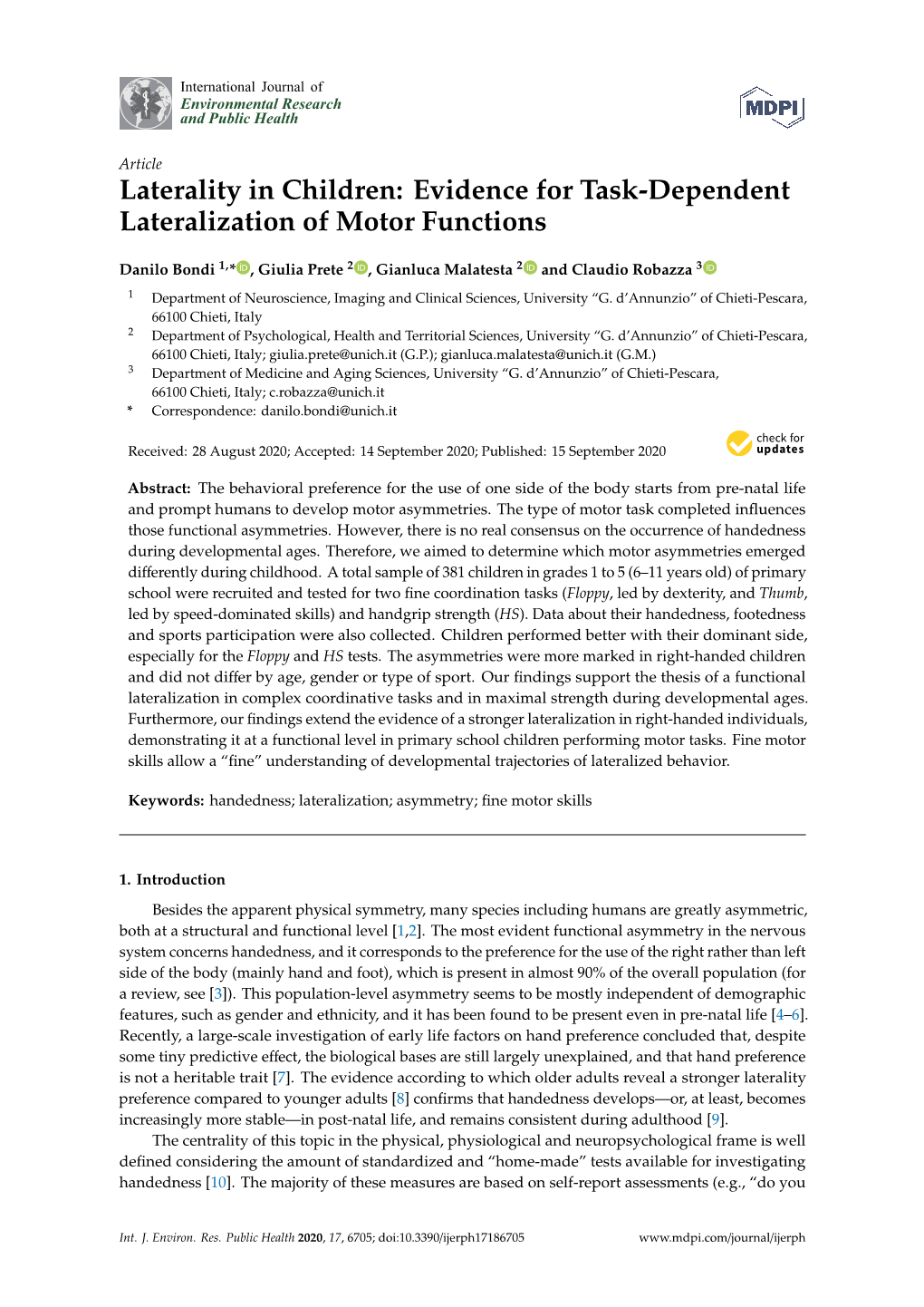 Laterality in Children: Evidence for Task-Dependent Lateralization of Motor Functions