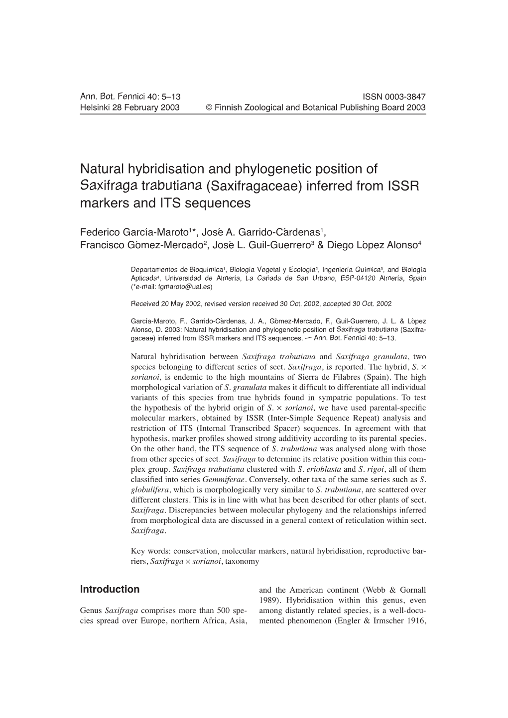 (Saxifragaceae) Inferred from ISSR Markers and ITS Sequences