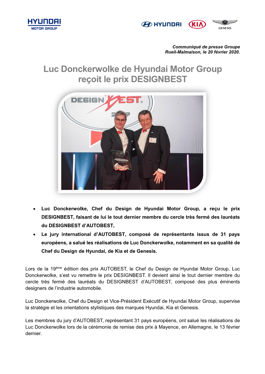 Luc Donckerwolke De Hyundai Motor Group Reçoit Le Prix DESIGNBEST