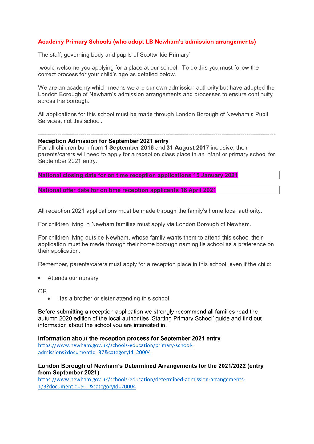 Academy Primary Schools (Who Adopt LB Newham’S Admission Arrangements)