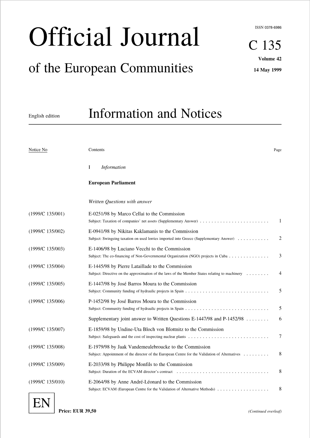 Official Journal C 135 Volume 42 of the European Communities 14 May 1999