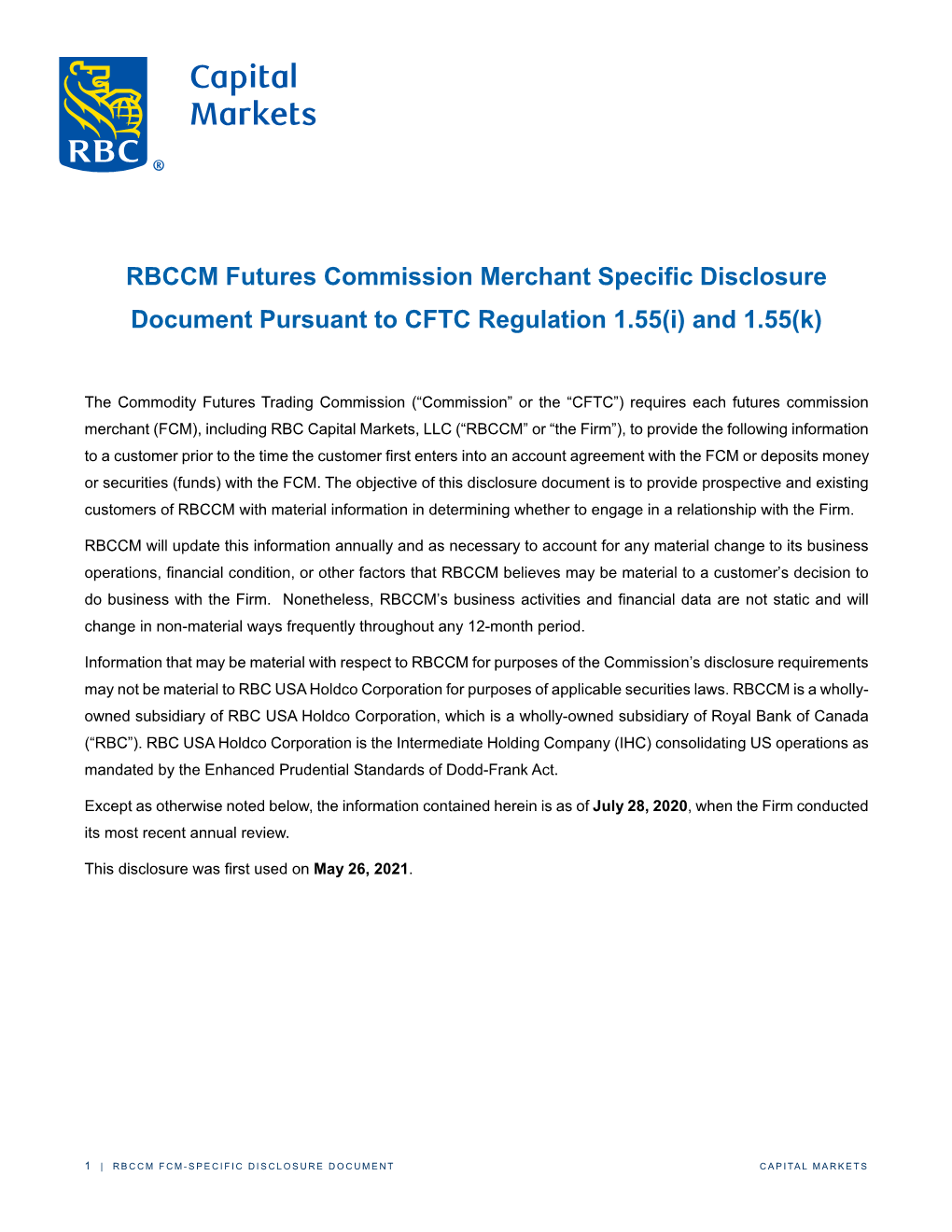 RBCCM FCM-Specific Disclosure Document