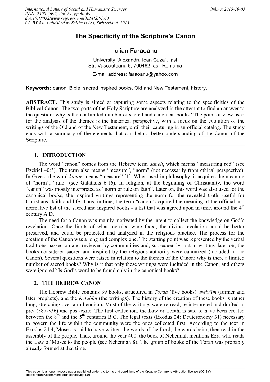 The Specificity of the Scripture's Canon