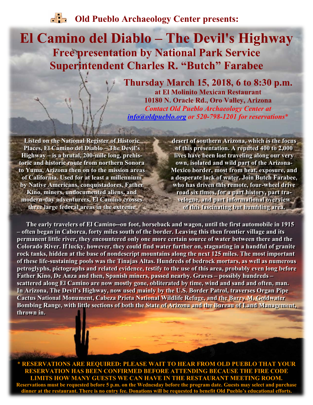 El Camino Del Diablo – the Devil's Highway Free Presentation by National Park Service Superintendent Charles R