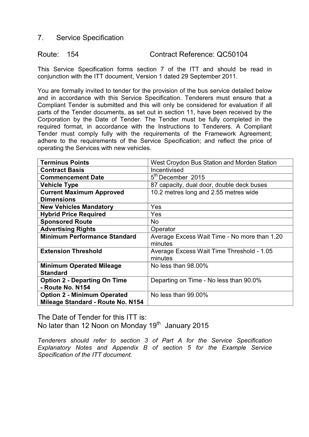 7. Service Specification Route: 154 Contract