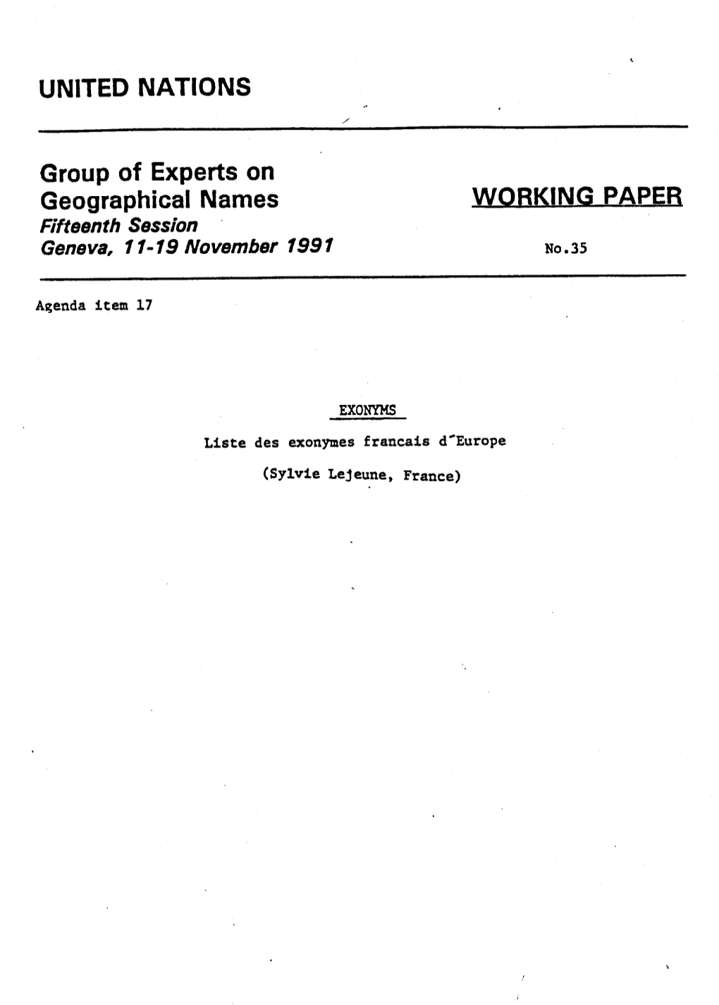 WORKING PAPER Fifteenth Session Geneva, 7 7-79 November 7997 No.35