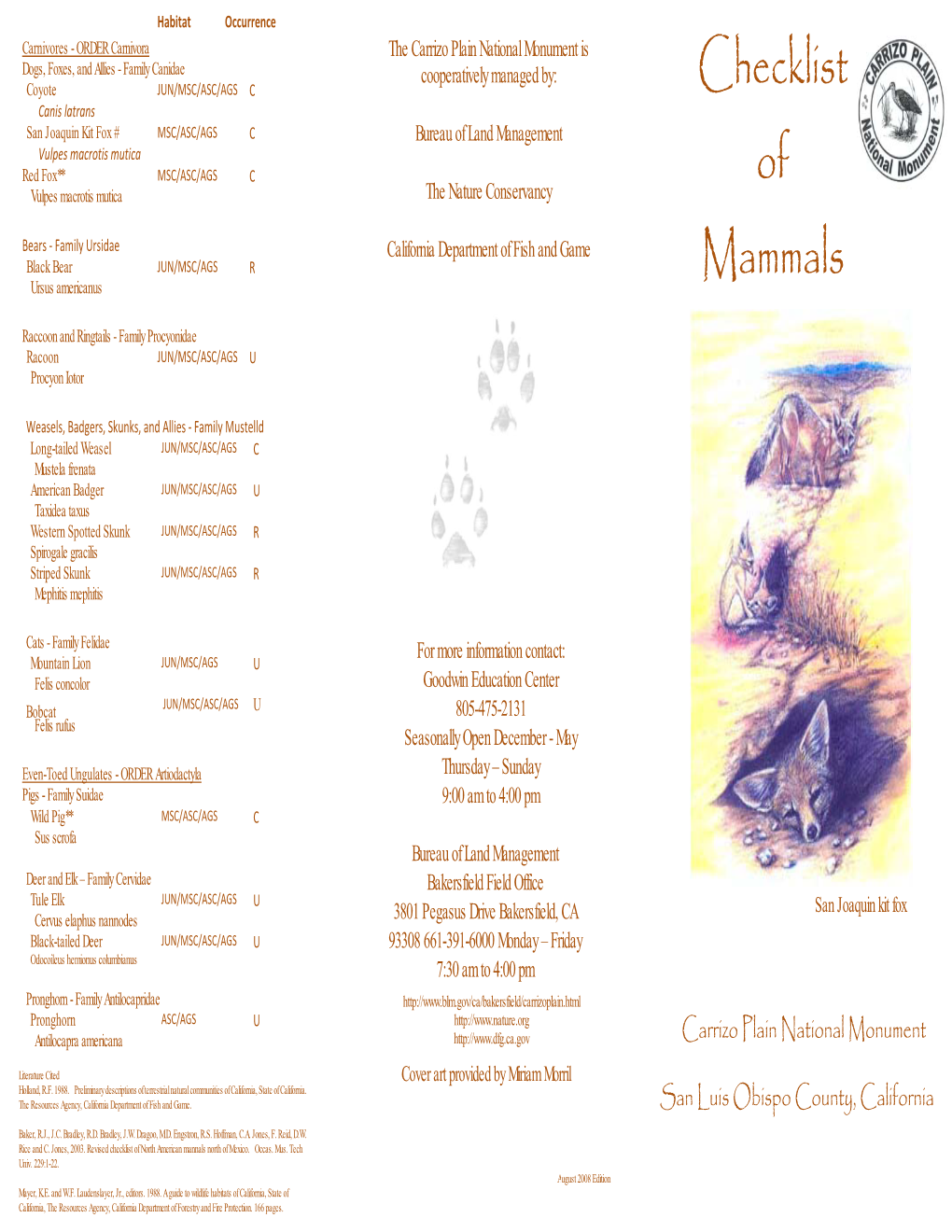 Brochure. Carrizo Plain National Monument, Checklist of Mammals