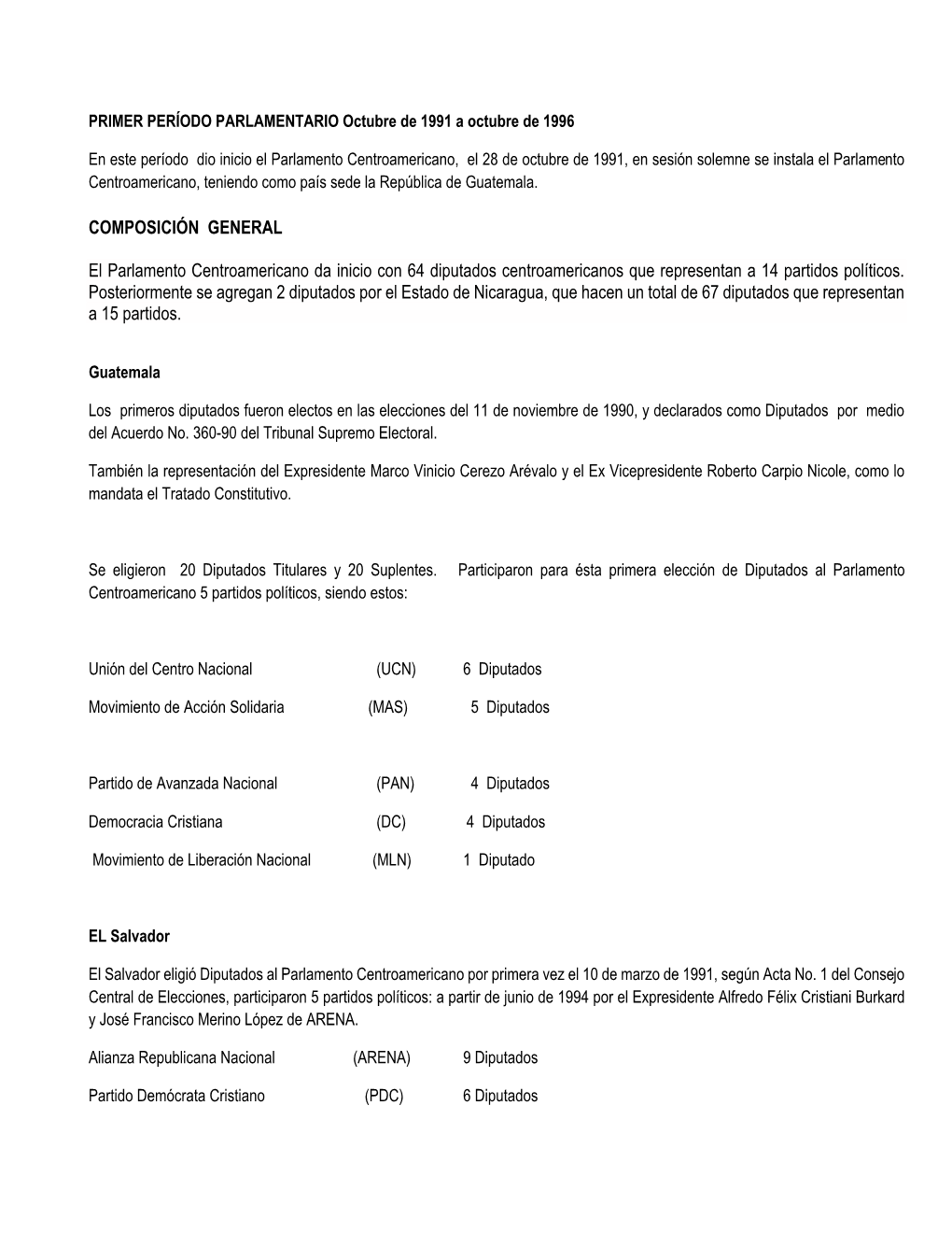 COMPOSICIÓN GENERAL El Parlamento Centroamericano Da Inicio Con 64 Diputados Centroamericanos Que Representan a 14 Partidos Po