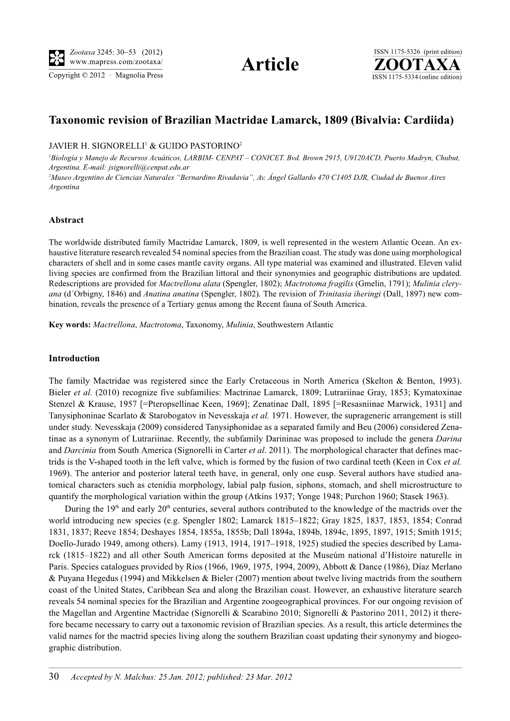 Taxonomic Revision of Brazilian Mactridae Lamarck, 1809 (Bivalvia: Cardiida)