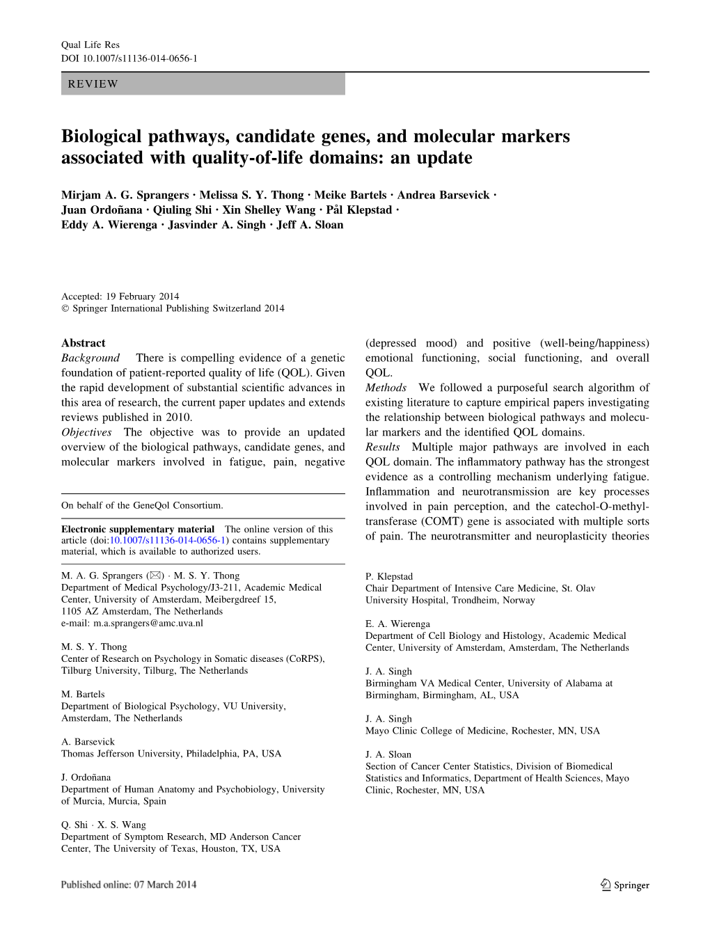 Biological Pathways, Candidate Genes, and Molecular Markers Associated with Quality-Of-Life Domains: an Update