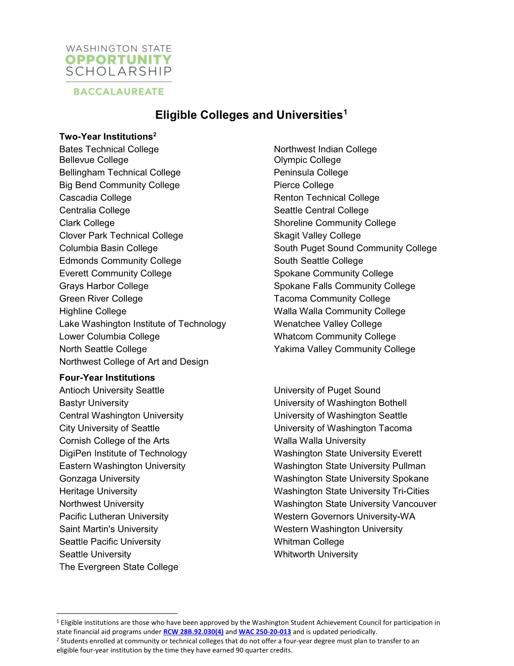 Eligible Colleges and Universities1