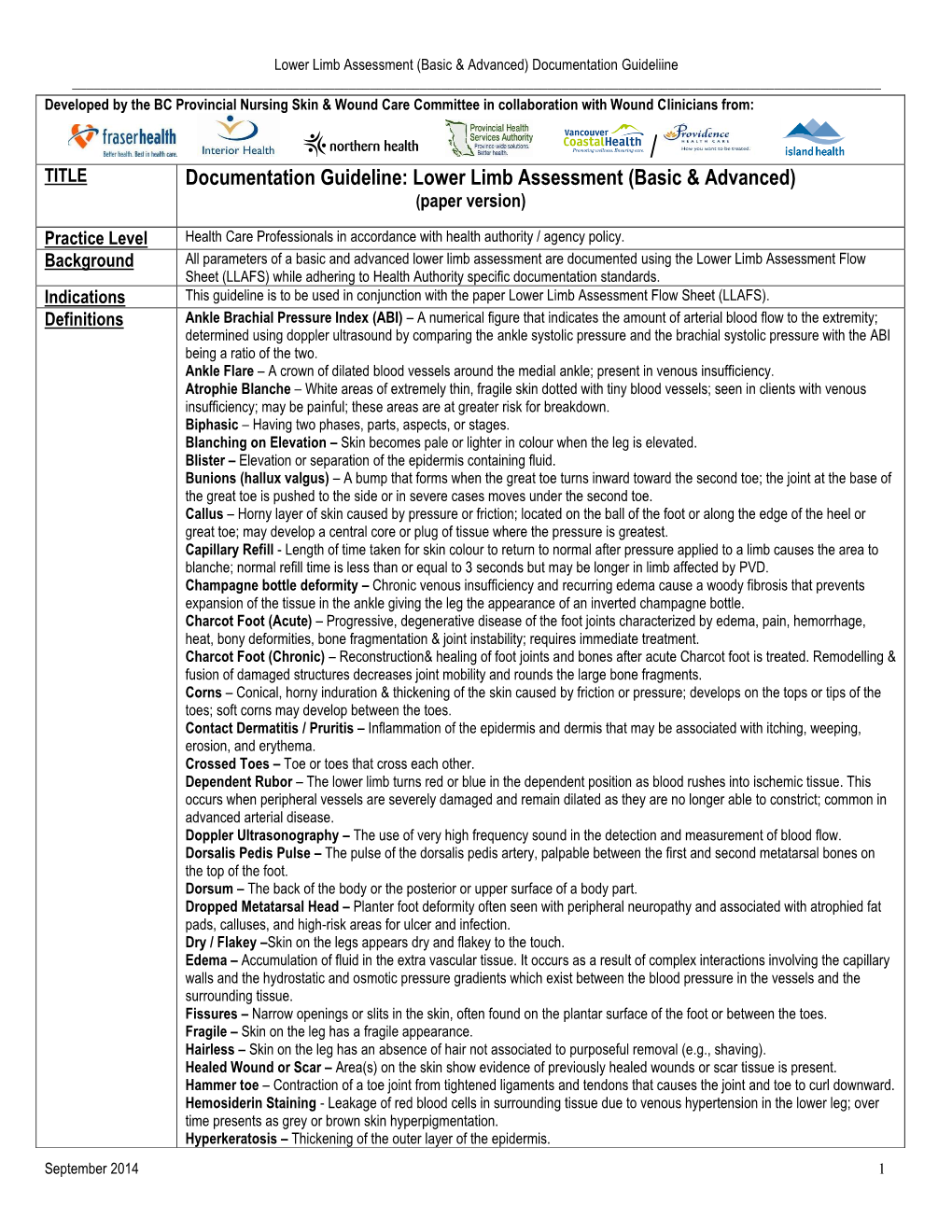 Documentation Guideline: Lower Limb Assessment (Basic & Advanced) (Paper Version)