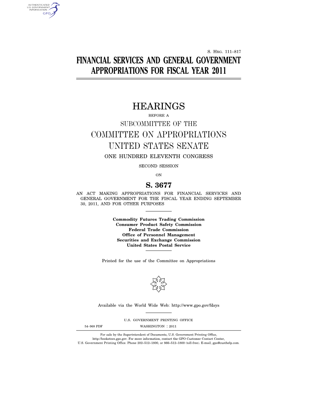 Financial Services and General Government Appropriations for Fiscal Year 2011