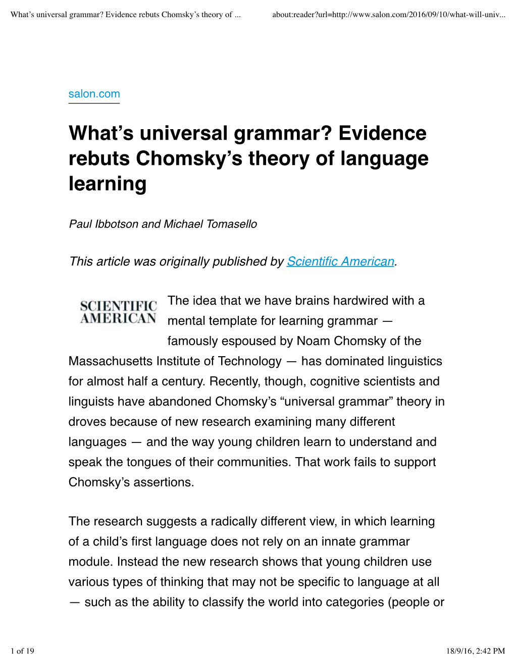 What's Universal Grammar? Evidence Rebuts Chomsky's Theory Of