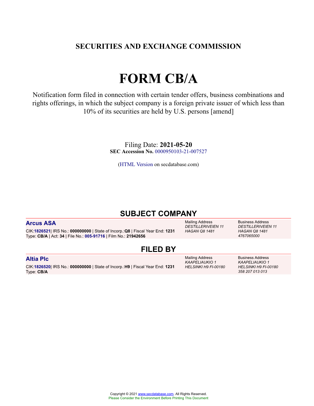 Arcus ASA Form CB/A Filed 2021-05-20