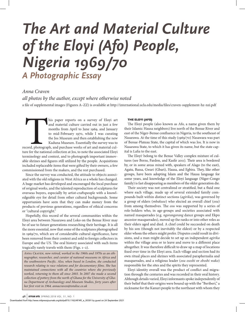 The Art and Material Culture of the Eloyi (Afo) People, Nigeria 1969/70 a Photographic Essay