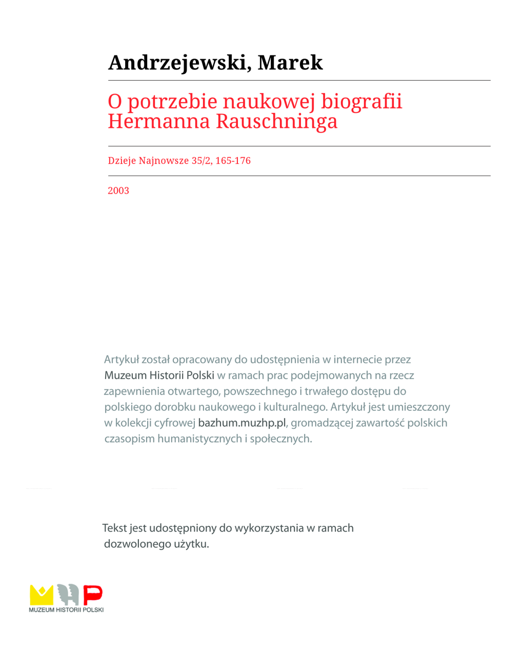 O Potrzebie Naukowej Biografii Hermanna Rauschninga