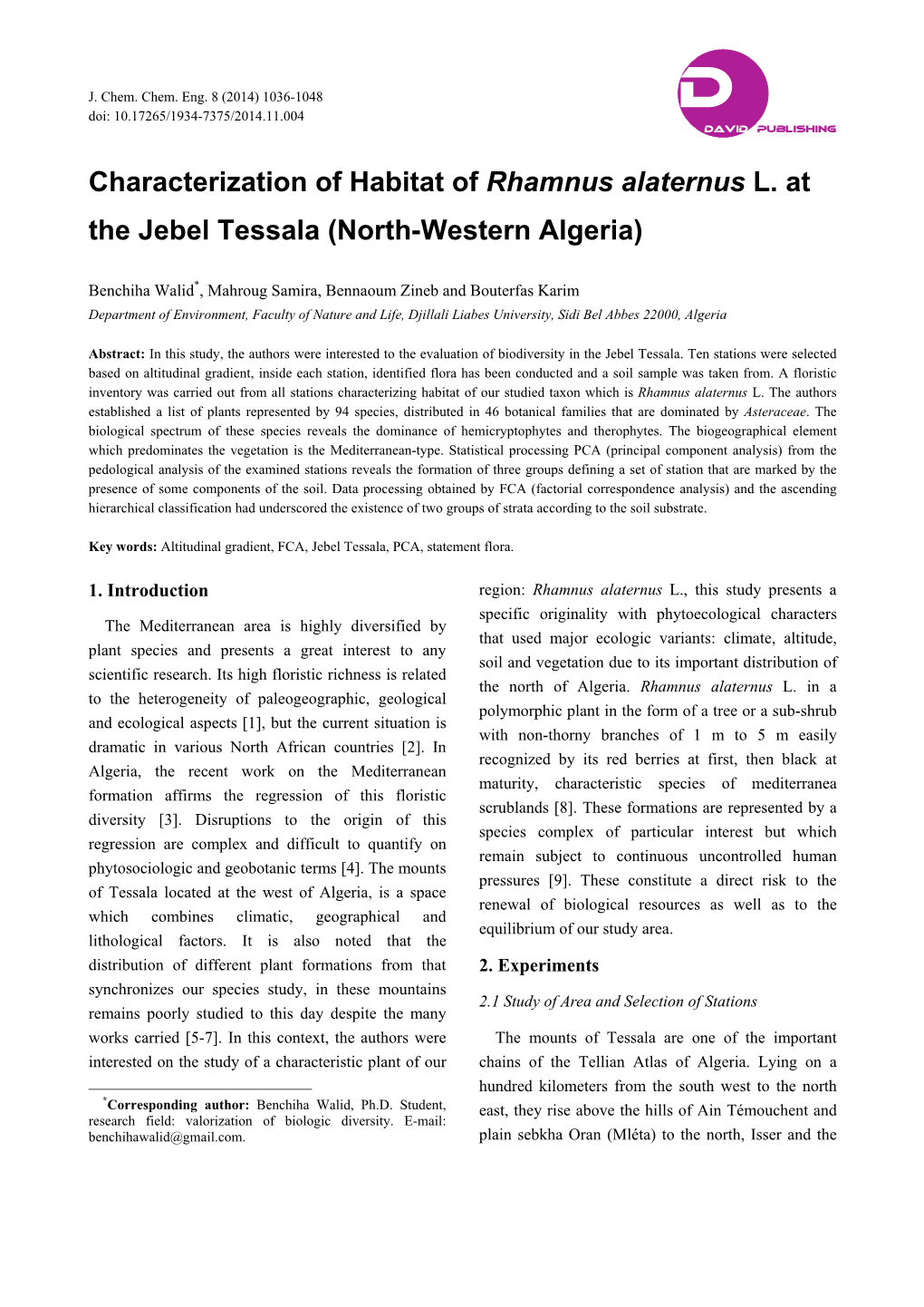Characterization of Habitat of Rhamnus Alaternus L. at the Jebel Tessala (North-Western Algeria)