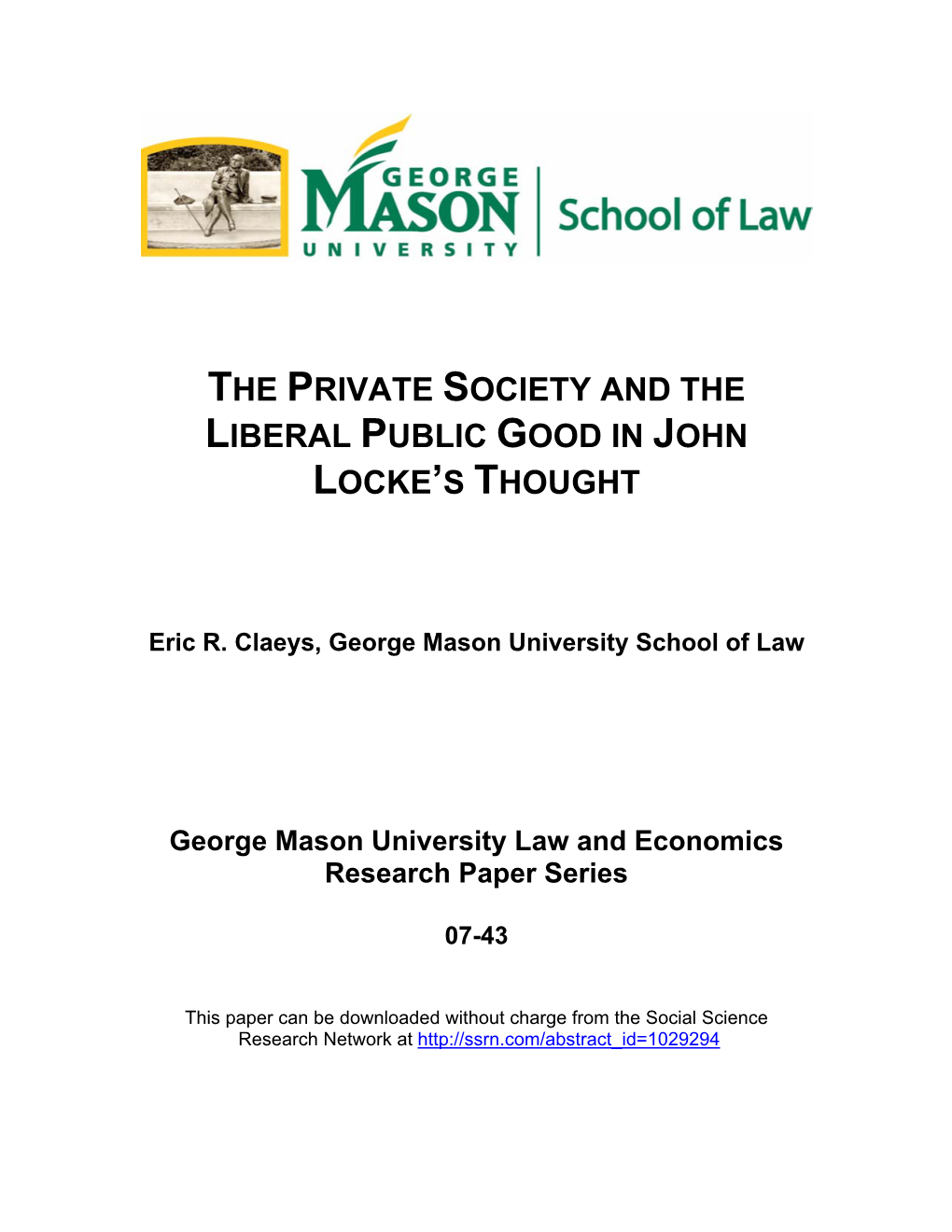 The Private Society and the Liberal Public Good in John Locke's Thought