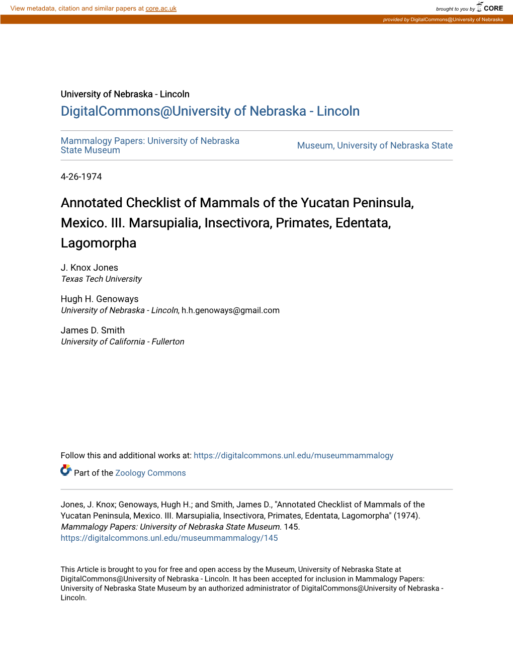 Annotated Checklist of Mammals of the Yucatan Peninsula, Mexico. III