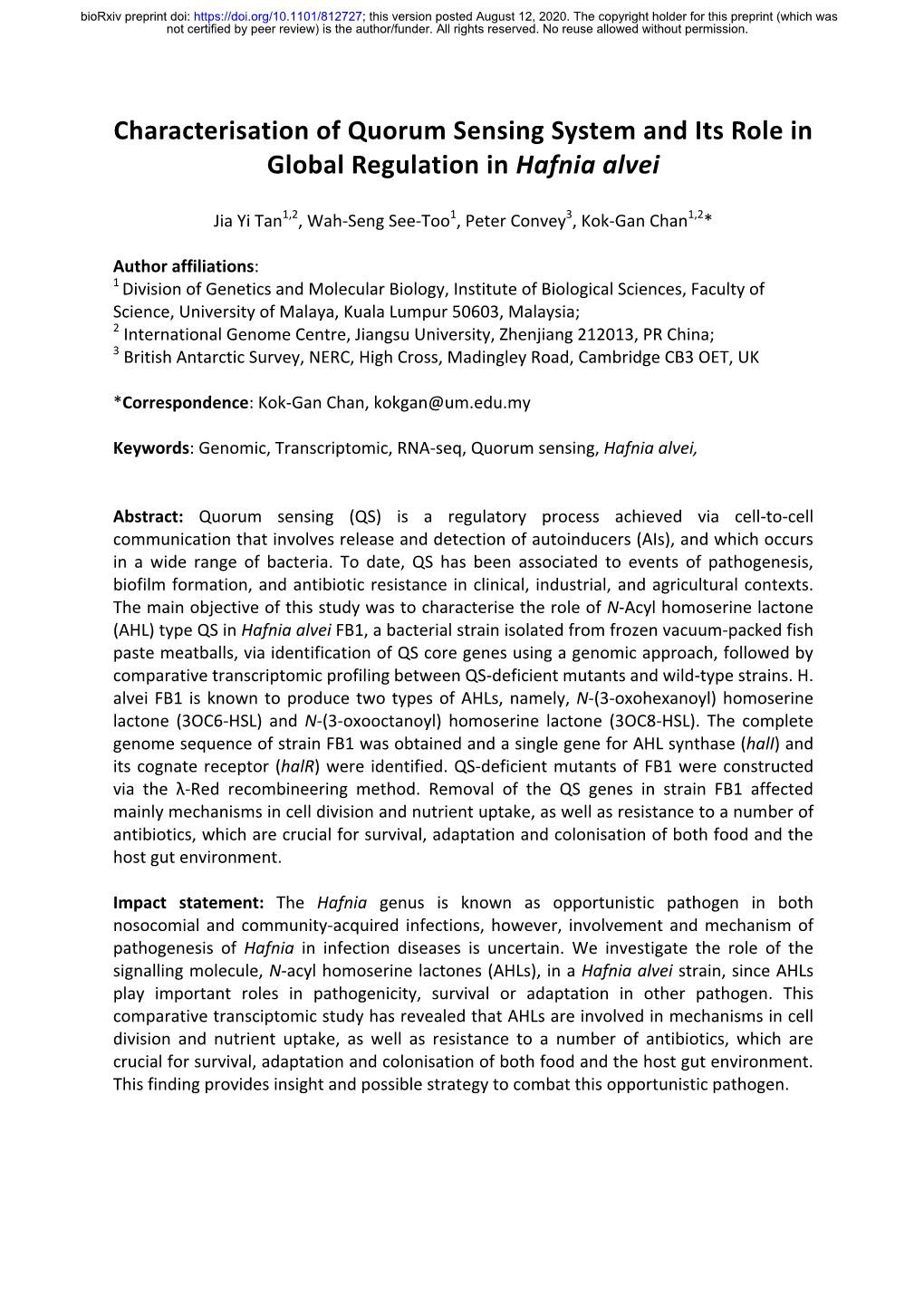 Characterisation of Quorum Sensing System and Its Role in Global Regulation in Hafnia Alvei