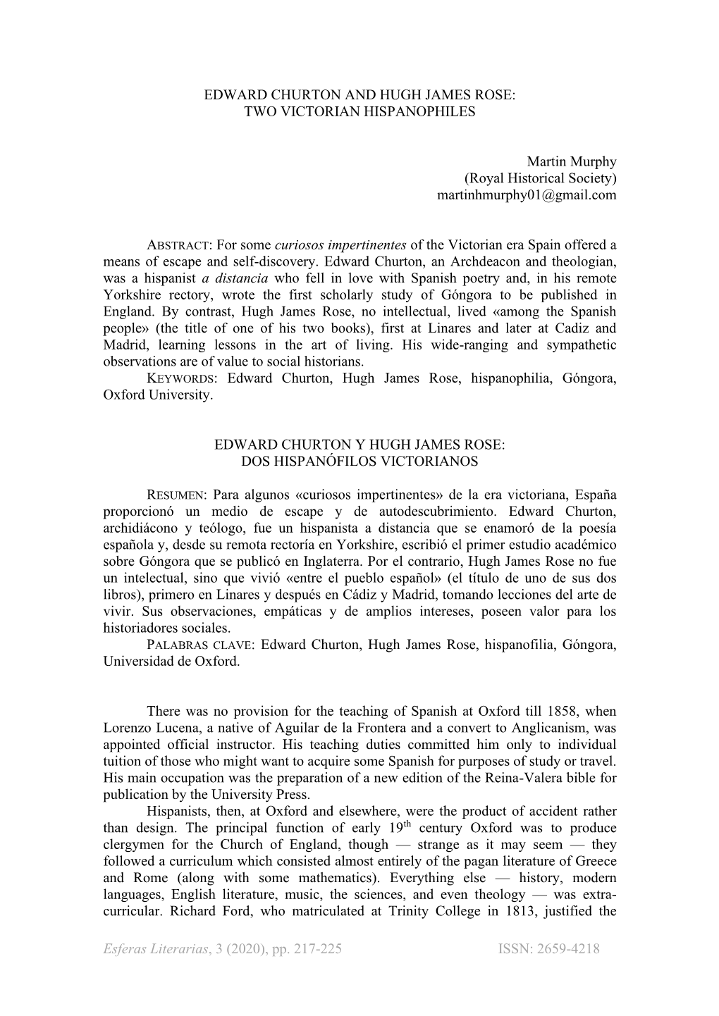 Esferas Literarias, 3 (2020), Pp. 217-225 ISSN: 2659-4218 EDWARD CHURTON and HUGH JAMES ROSE: TWO VICTORIAN HISPANOPHILES Marti