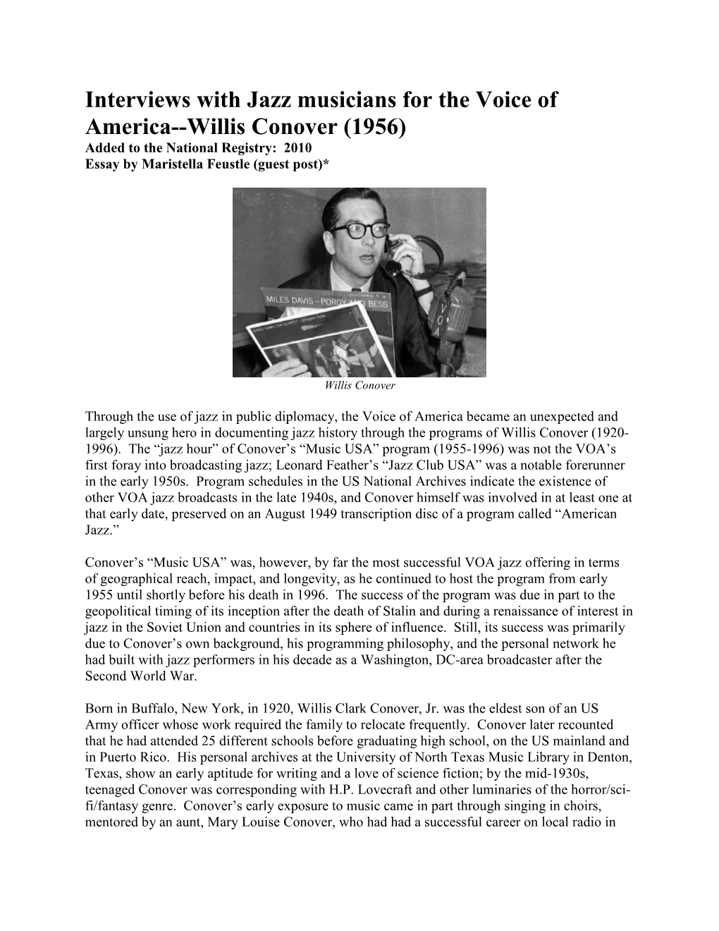 Interviews with Jazz Musicians for the Voice of America--Willis Conover (1956) Added to the National Registry: 2010 Essay by Maristella Feustle (Guest Post)*