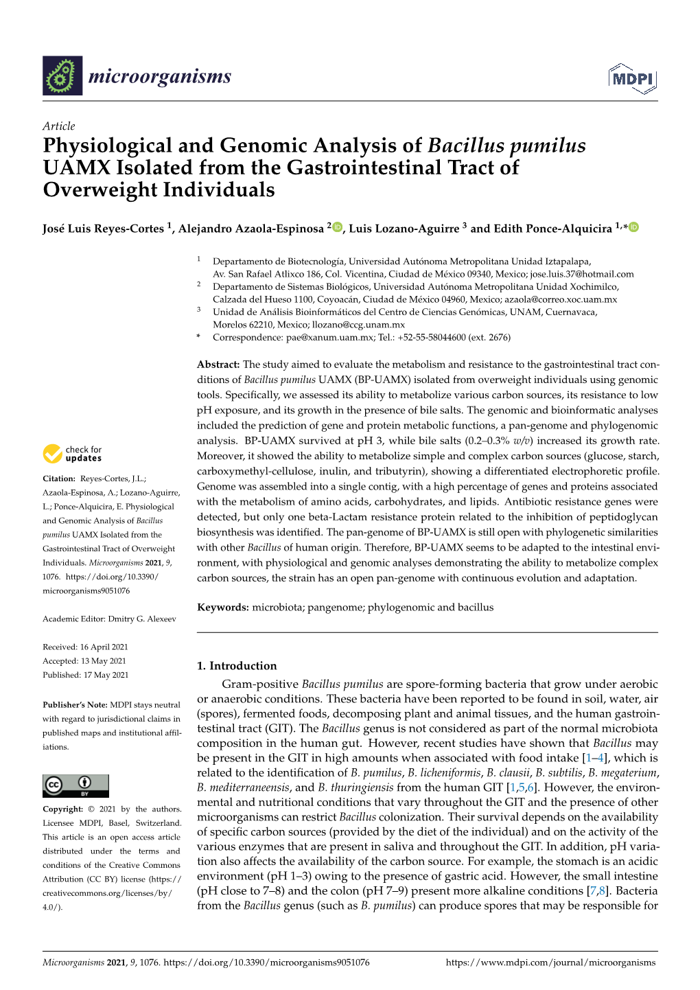 Physiological and Genomic Analysis of Bacillus Pumilus UAMX Isolated from the Gastrointestinal Tract of Overweight Individuals