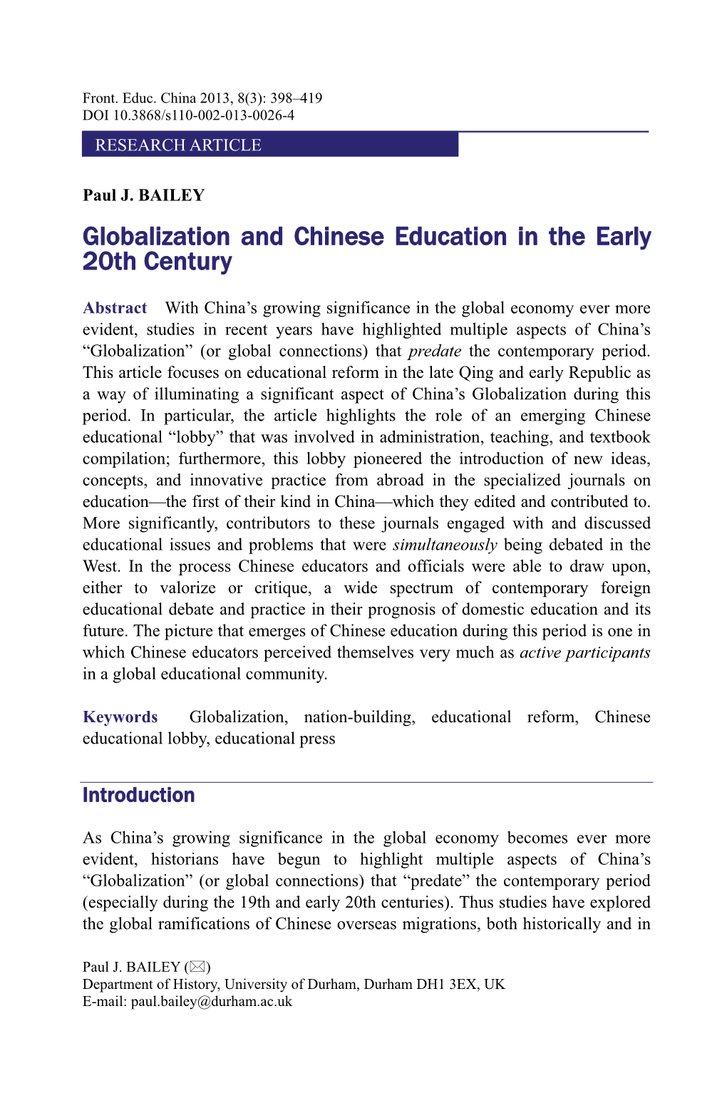 Globalization and Chinese Education in the Early 20Th Century