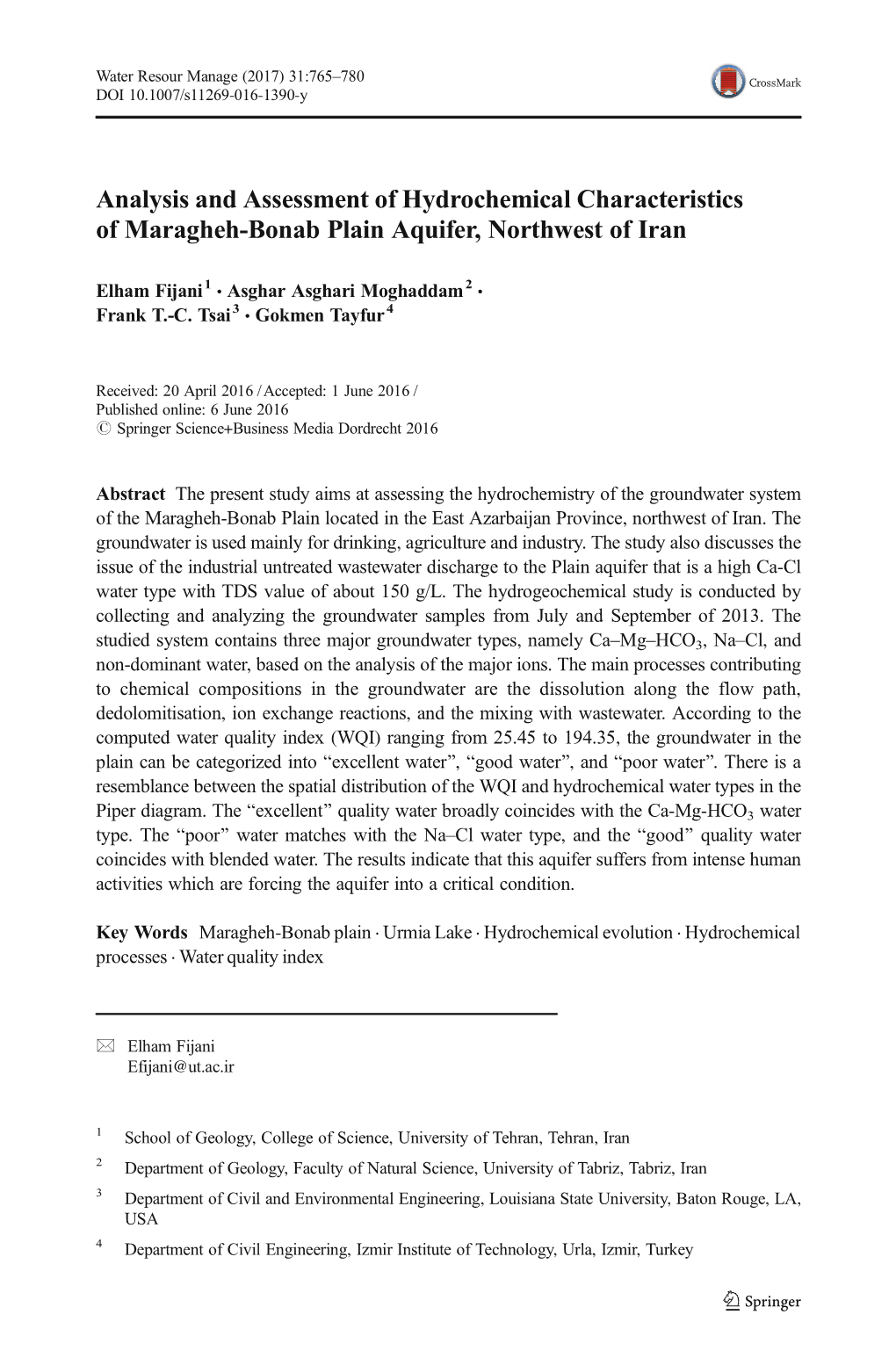 Analysis and Assessment of Hydrochemical Characteristics of Maragheh-Bonab Plain Aquifer, Northwest of Iran