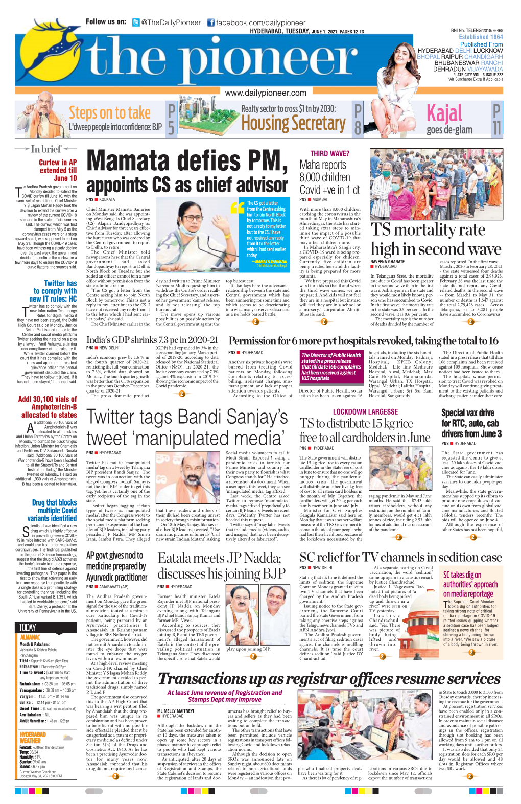 HYDERABAD, TUESDAY, JUNE 1, 2021; PAGES 12 `3 RNI No