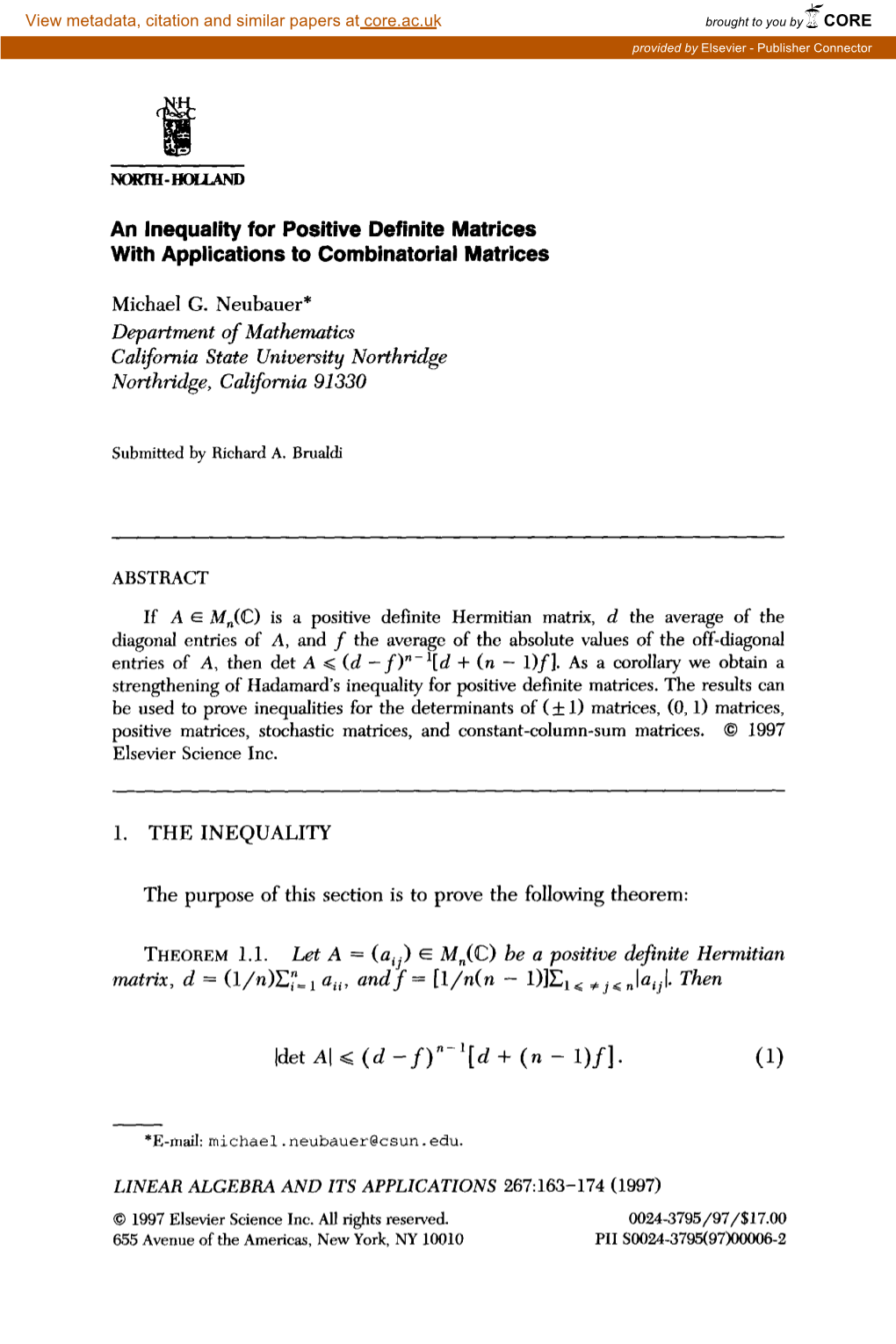 An Inequality for Positive Definite Matrices with Applications to Combinatorial Matrices