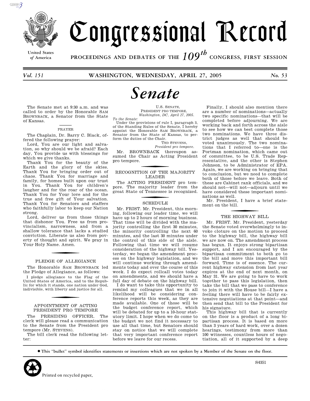 Congressional Record United States Th of America PROCEEDINGS and DEBATES of the 109 CONGRESS, FIRST SESSION