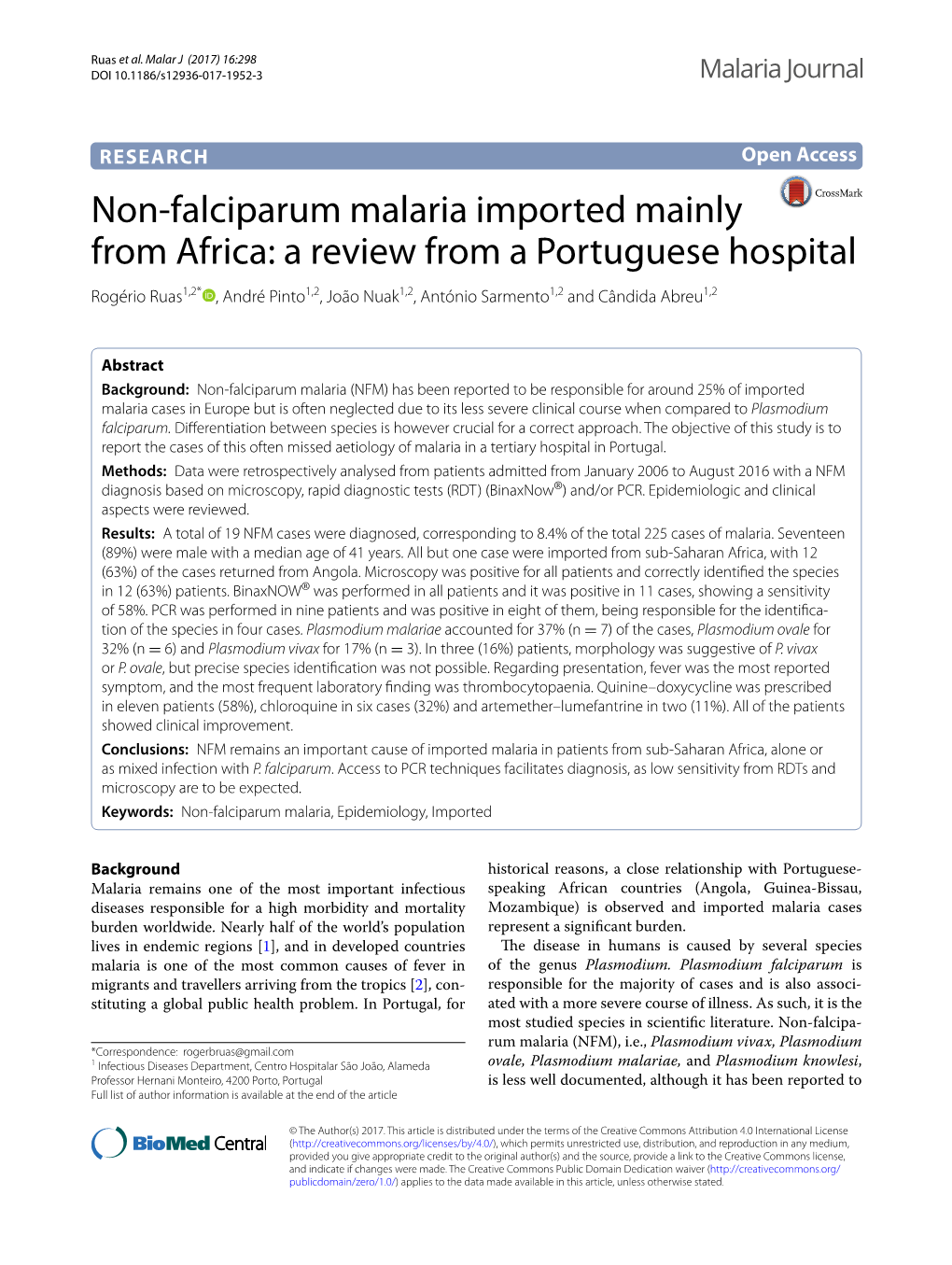 Non-Falciparum Malaria Imported Mainly from Africa