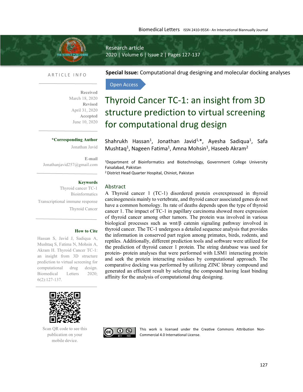 Thyroid Cancer TC-1: an Insight from 3D April 31, 2020 Accepted Structure Prediction to Virtual Screening June 10, 2020 for Computational Drug Design