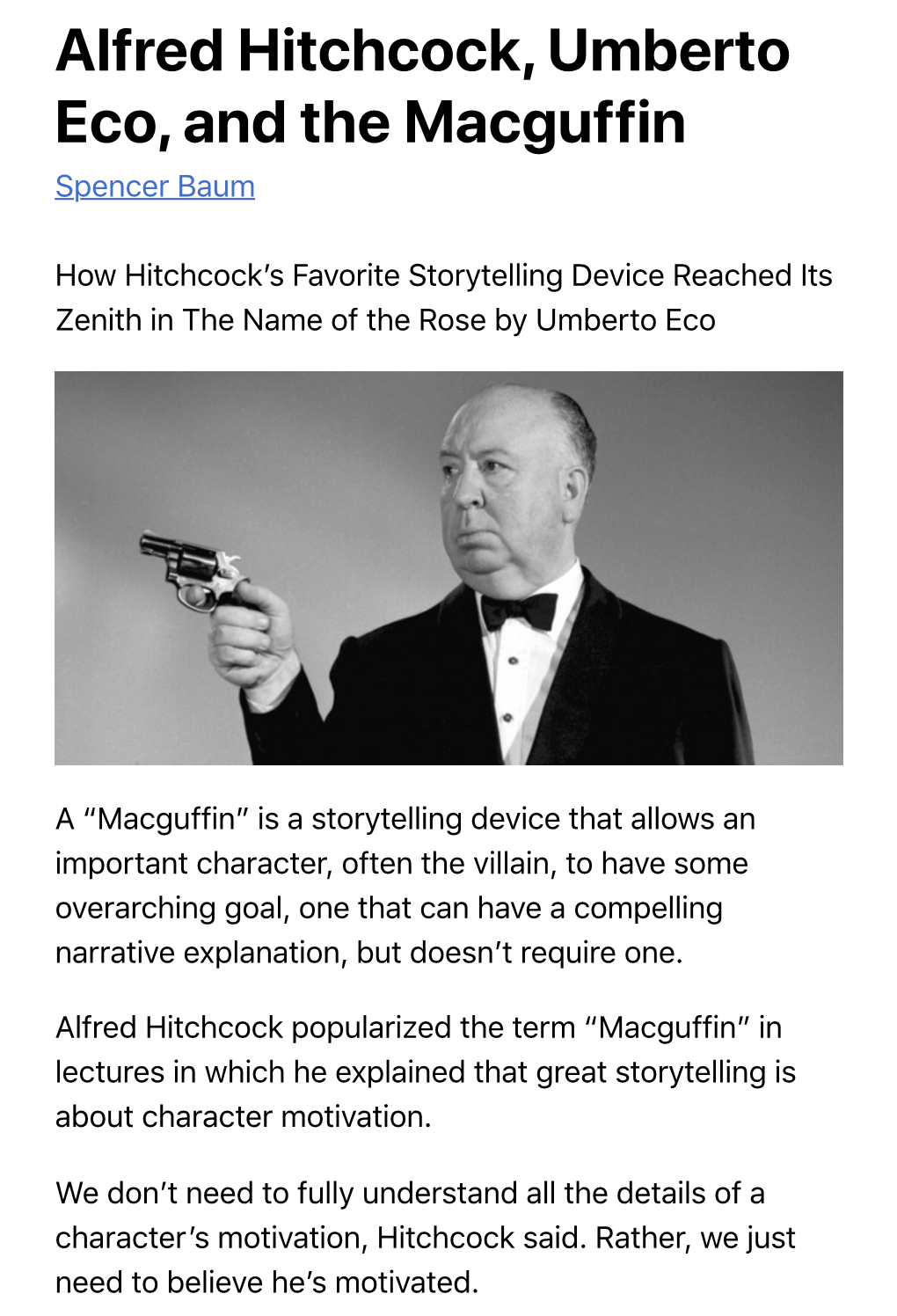 Alfred Hitchcock, Umberto Eco, and the Macguffin Spencer Baum